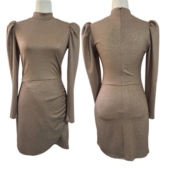 Reformation Lexi Mini Women's Small Long Puff Sleeve Mock Neck Ruched Tan Gold - Picture 2 of 8